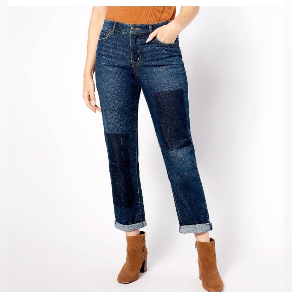 LOGO by Lori Goldstein Regular Shadow Patch Boyfriend Jeans